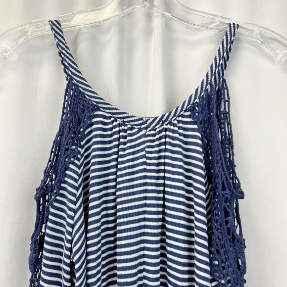 Cha Cha Vente Women’s Cold Shoulder Lace Trimmed Blue/White Striped Top M - Picture 6 of 9